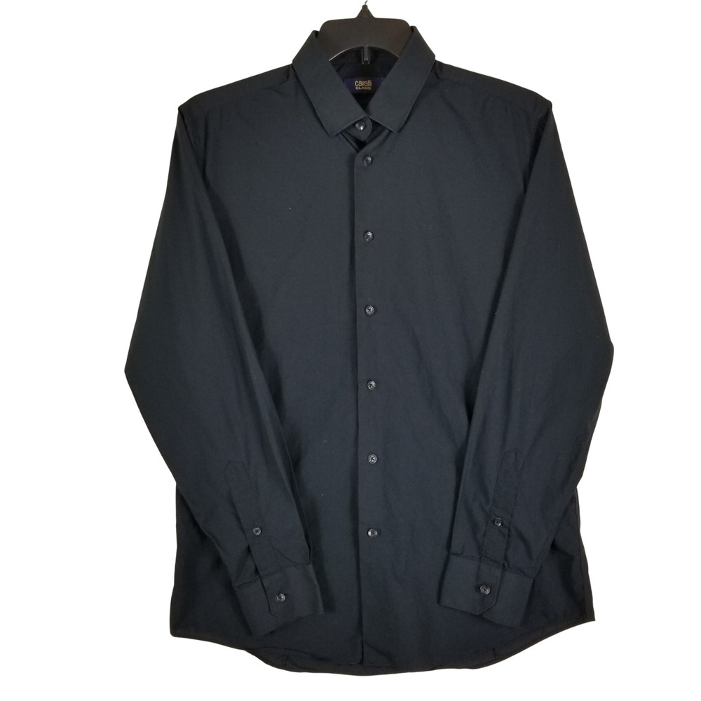 Cavalli Class Button Down Shirt Mens L Black  Cotton Stretch Long Sleeve